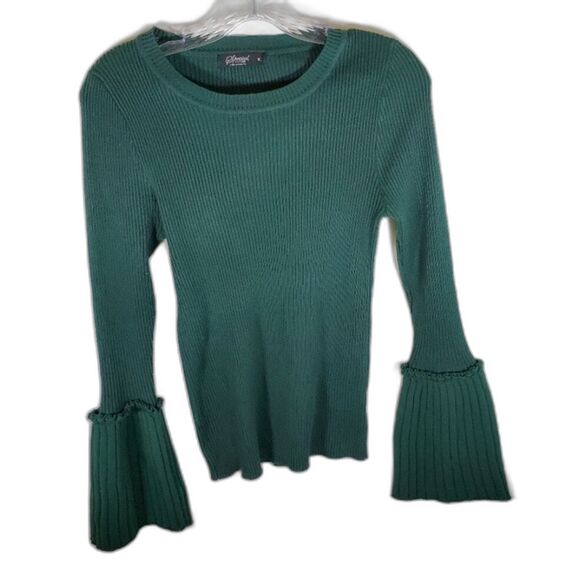 Special One Sweater Women XL Green Ribbed Knit Crewneck Ruffle Flounce Cuff - Picture 1 of 5